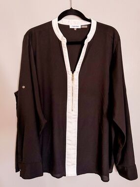 Calvin Klein Black Blouse with White Trim and Gold Zip